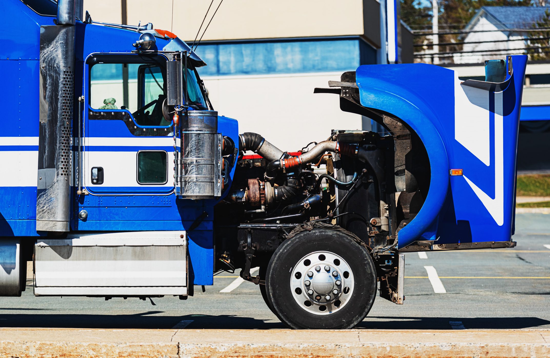 Semi-truck engine exposed